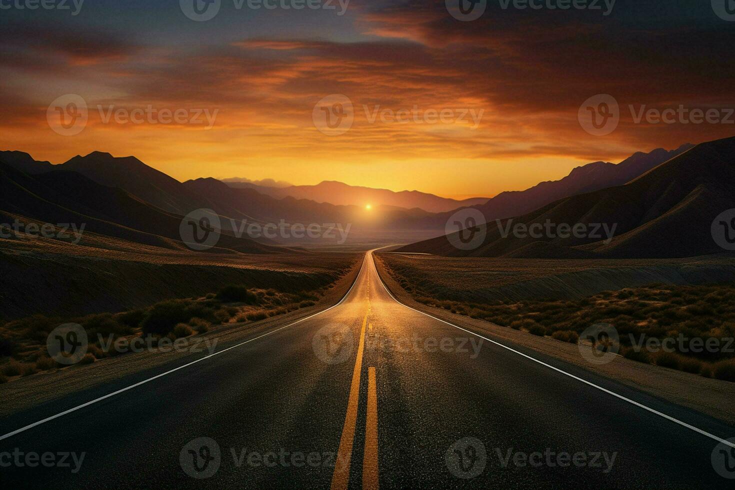 Road in the desert with dramatic sunset sky. 3D Rendering. ai generated pro photo