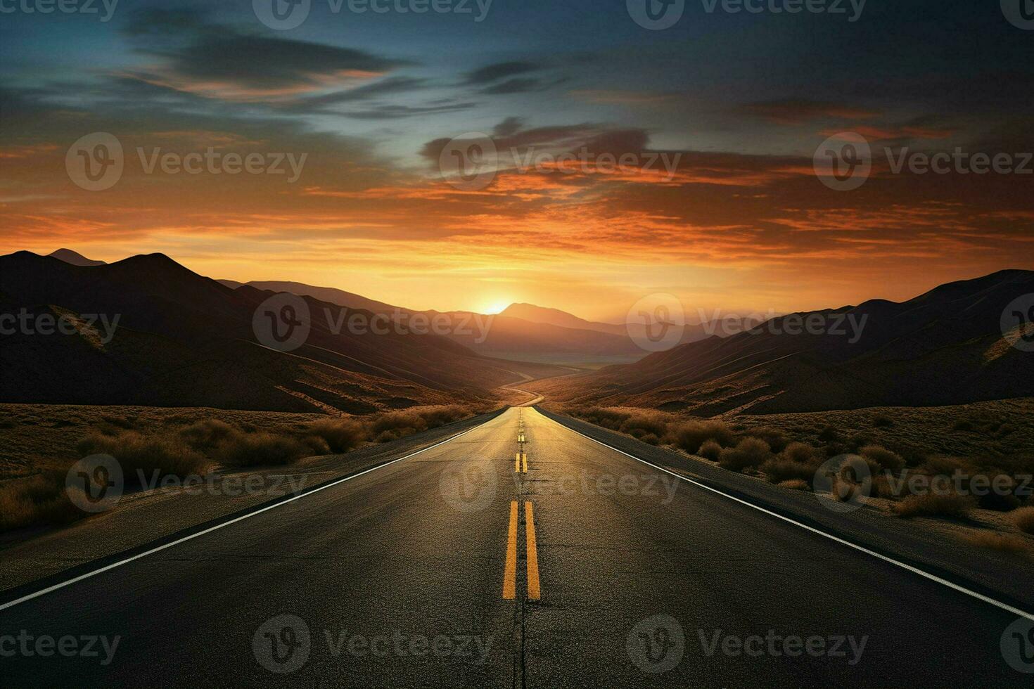 Road in the desert with dramatic sunset sky. 3D Rendering. ai generated pro photo