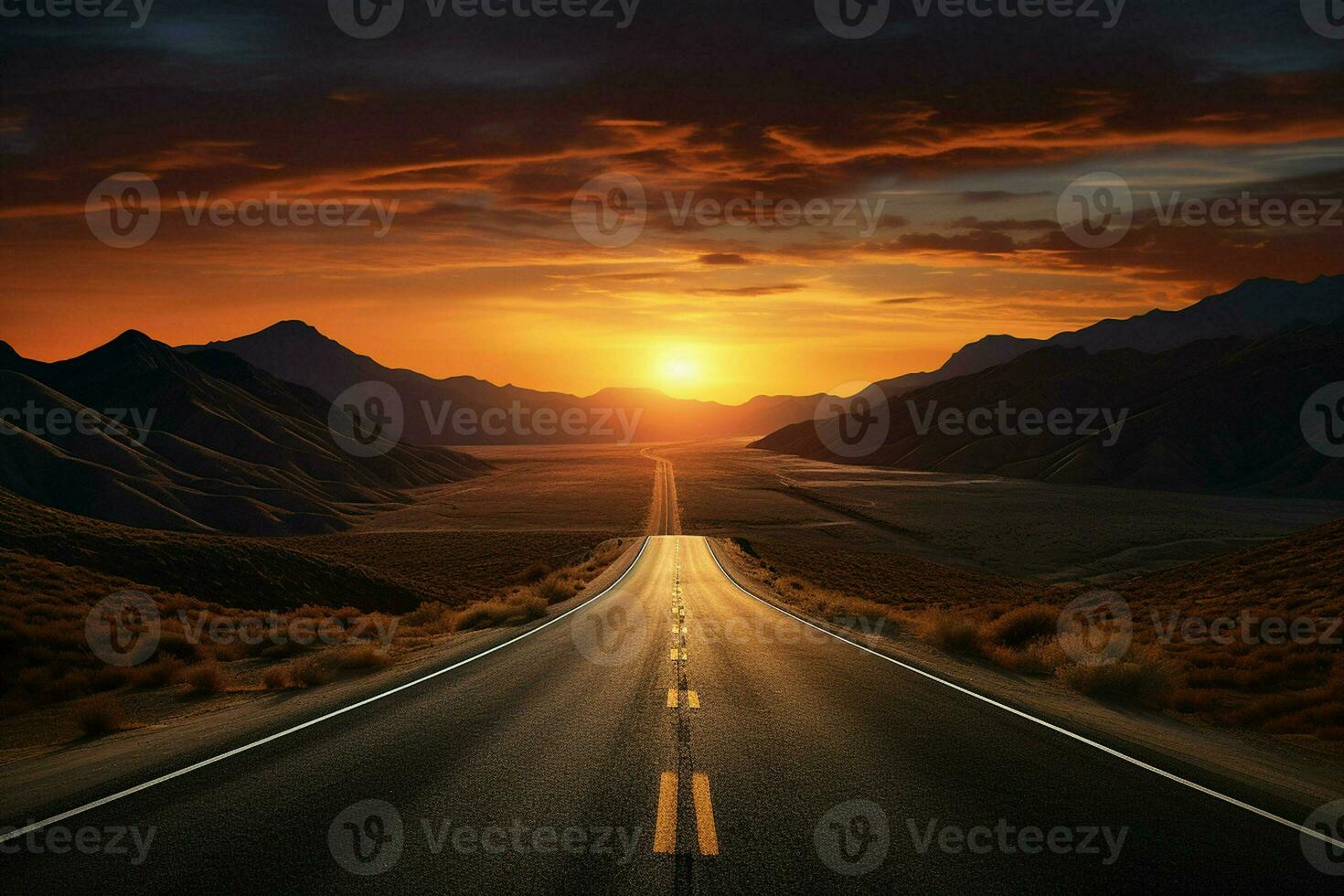 Road in the desert with dramatic sunset sky. 3D Rendering. ai generated pro photo