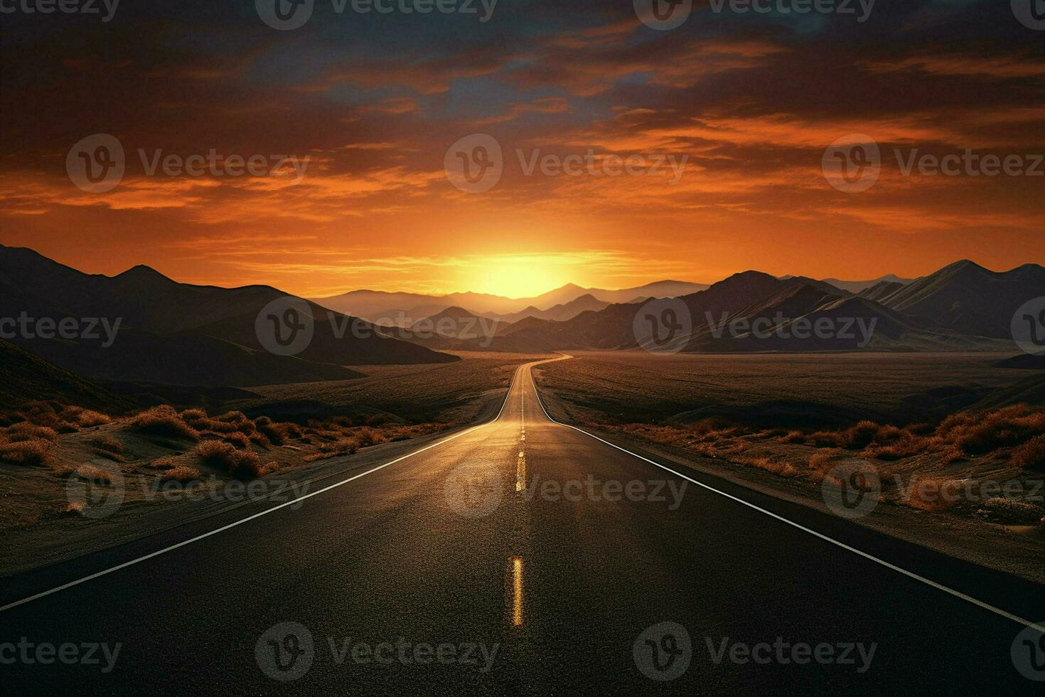 Road in the desert with dramatic sunset sky. 3D Rendering. ai generated pro photo