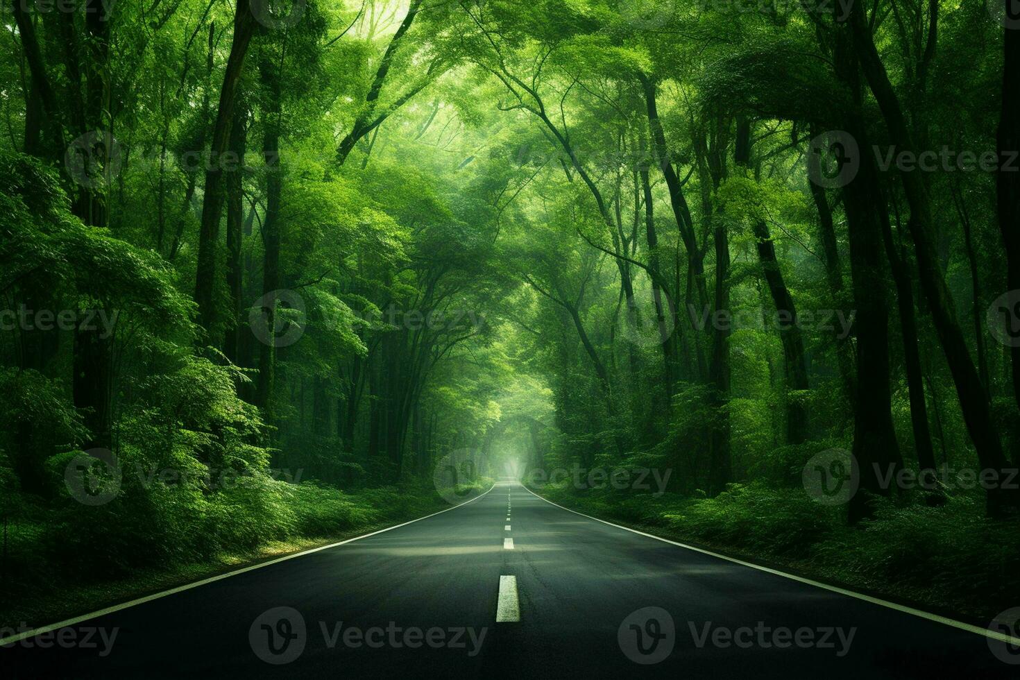 la carretera en el verde bosque. naturaleza composición. 3d representación. ai generado Pro foto