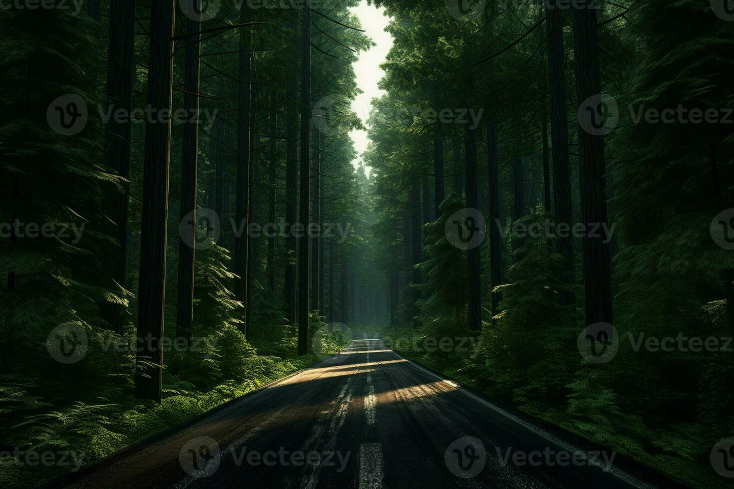 Road in the green forest. Nature composition. 3D rendering. ai generated pro photo