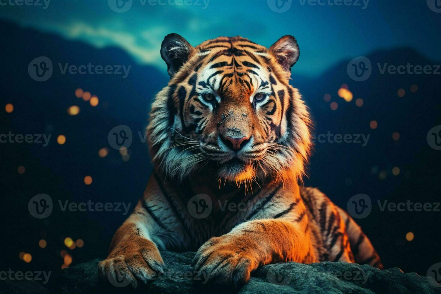 Portrait of tiger on the rock at night with blue light. ai generated pro photo