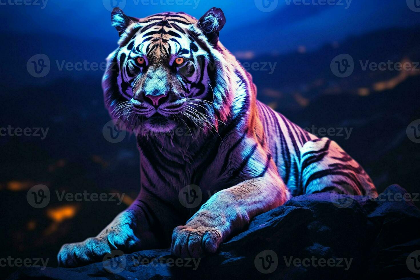 Portrait of tiger on the rock at night with blue light. ai generated pro photo