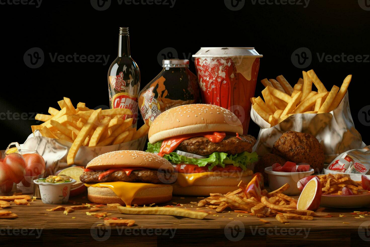 Fast food restaurant menu. Burgers, french fries, coleslaw, chicken nuggets and salads on wooden table. ai generated pro photo