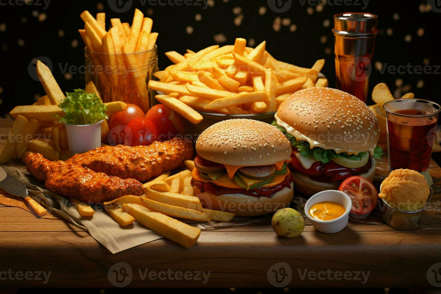 Fast food restaurant menu. Burgers, french fries, coleslaw, chicken nuggets and salads on wooden table. ai generated pro photo