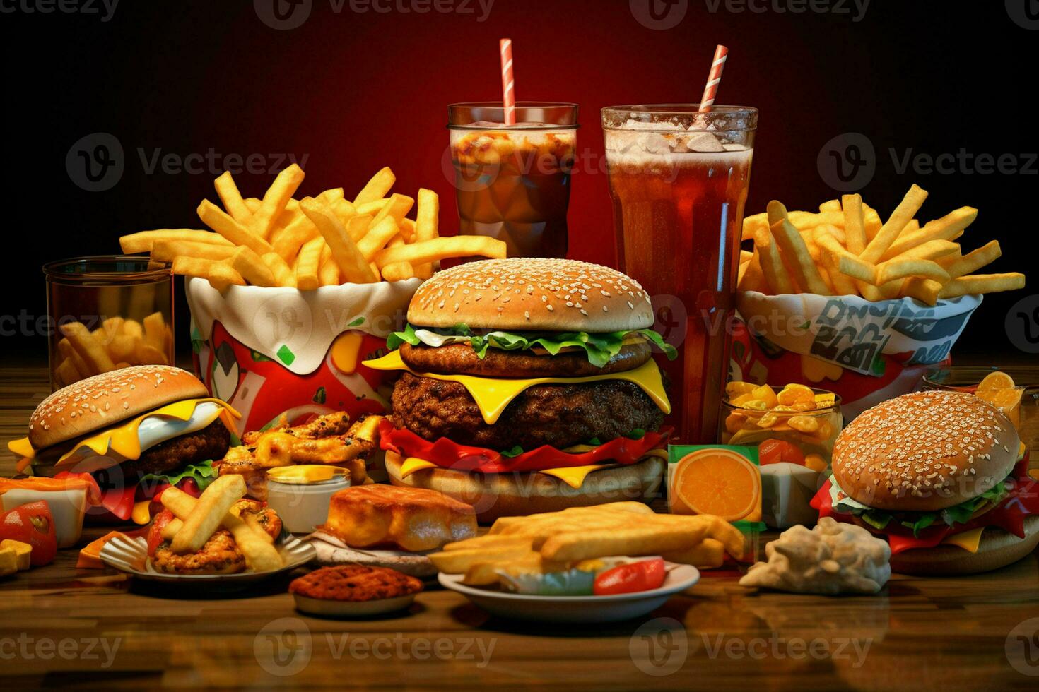 Fast food restaurant menu. Burgers, french fries, coleslaw, chicken nuggets and salads on wooden table. ai generated pro photo