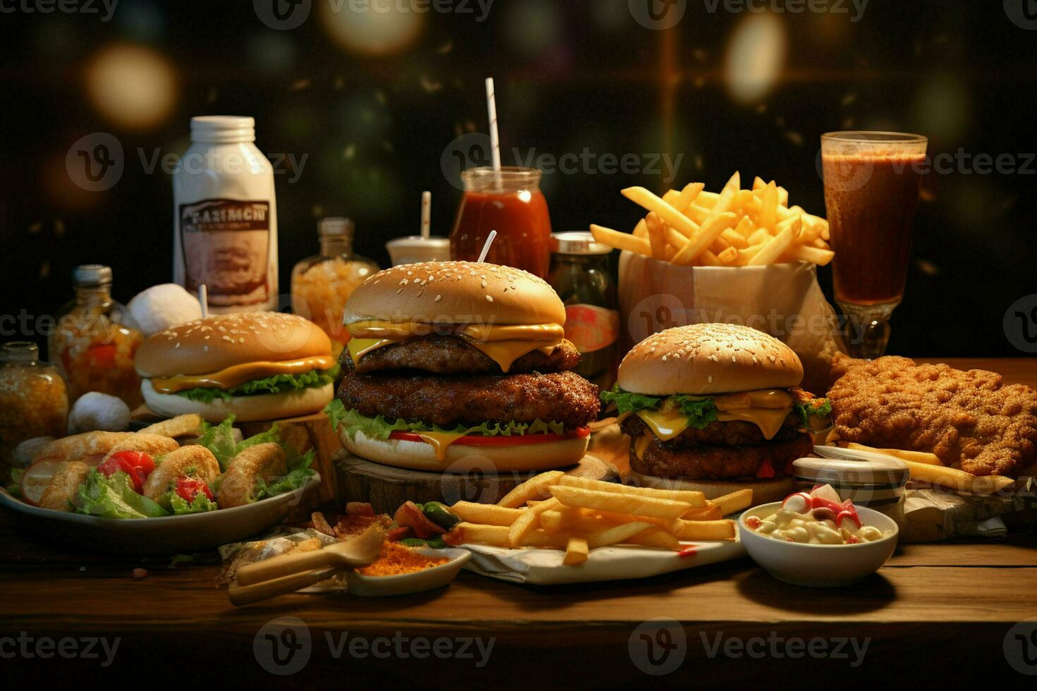 Fast food restaurant menu. Burgers, french fries, coleslaw, chicken nuggets and salads on wooden table. ai generated pro photo