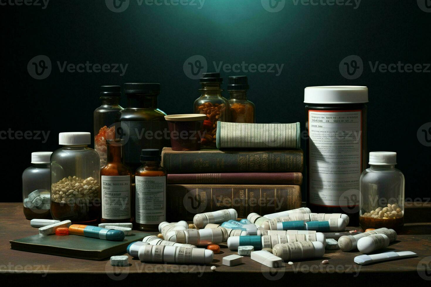 Pharmaceutical medicine pills and capsules on wooden table in dark room. ai generated pro photo