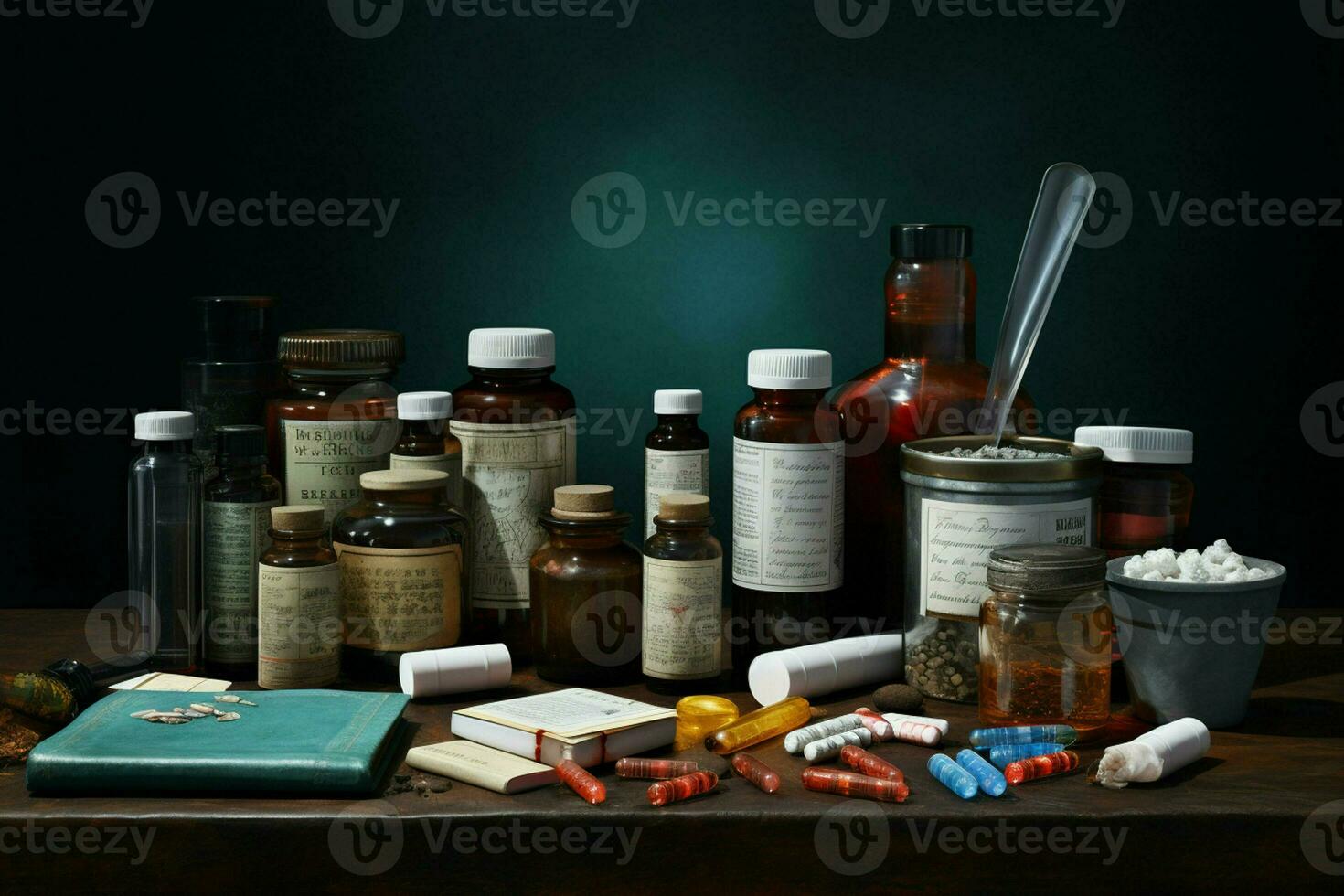 Pharmaceutical medicine pills and capsules on wooden table in dark room. ai generated pro photo