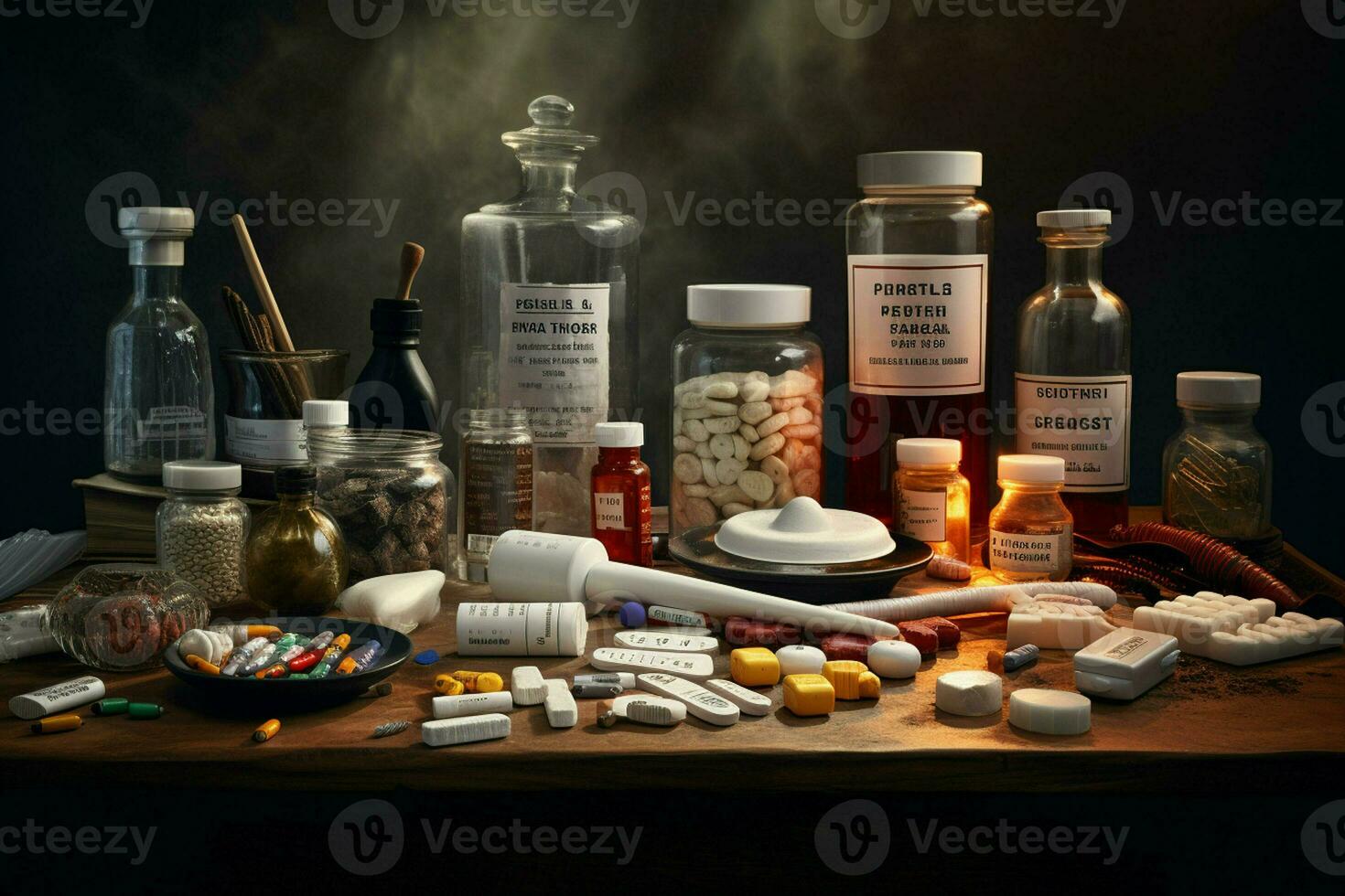 Pharmaceutical medicine pills and capsules on wooden table in dark room. ai generated pro photo