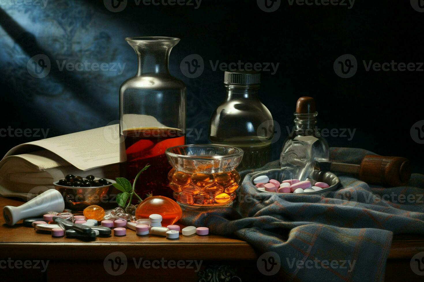 Pharmaceutical medicine pills and capsules on wooden table in dark room. ai generated pro photo