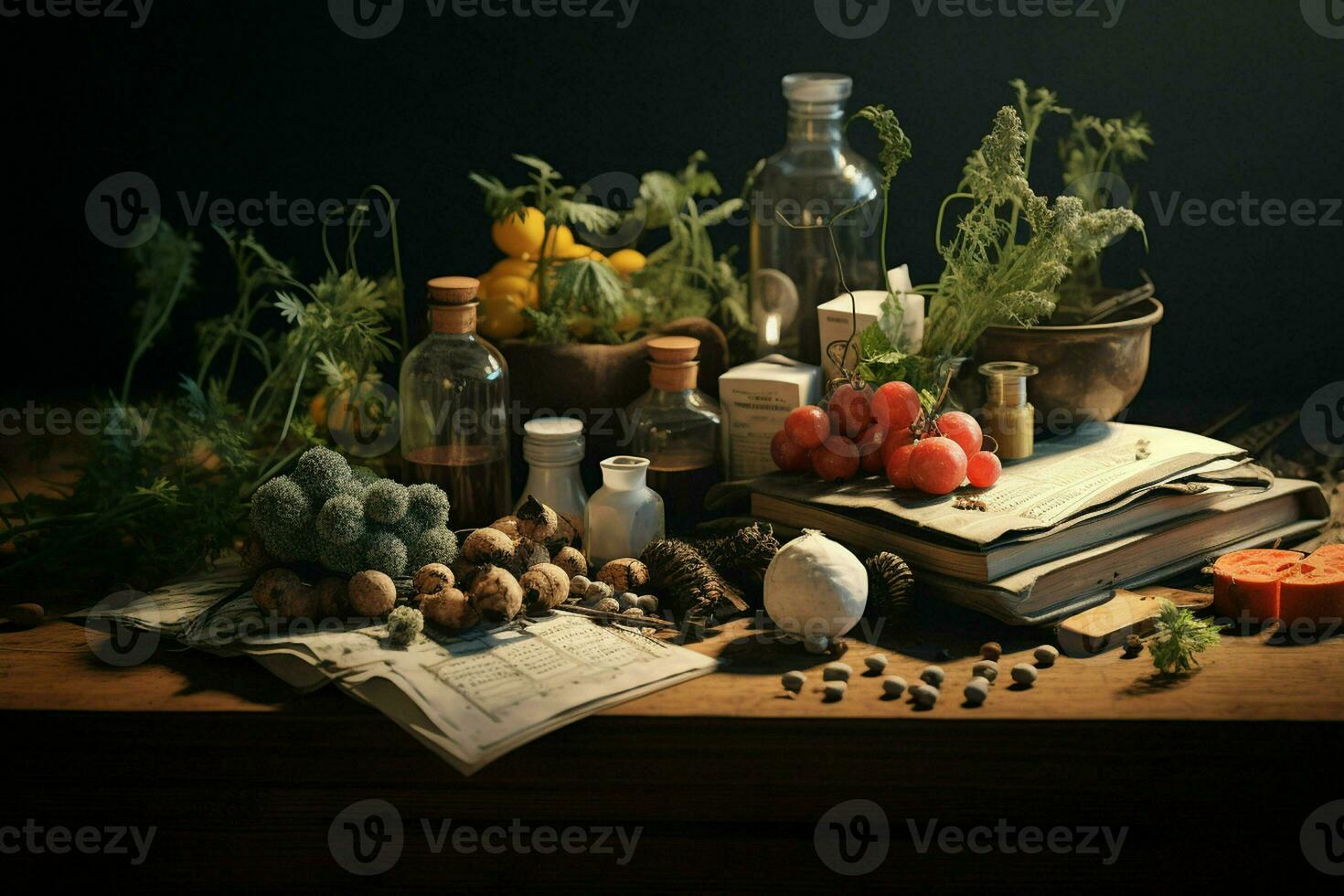 Pharmaceutical medicine pills and capsules on wooden table in dark room. ai generated pro photo