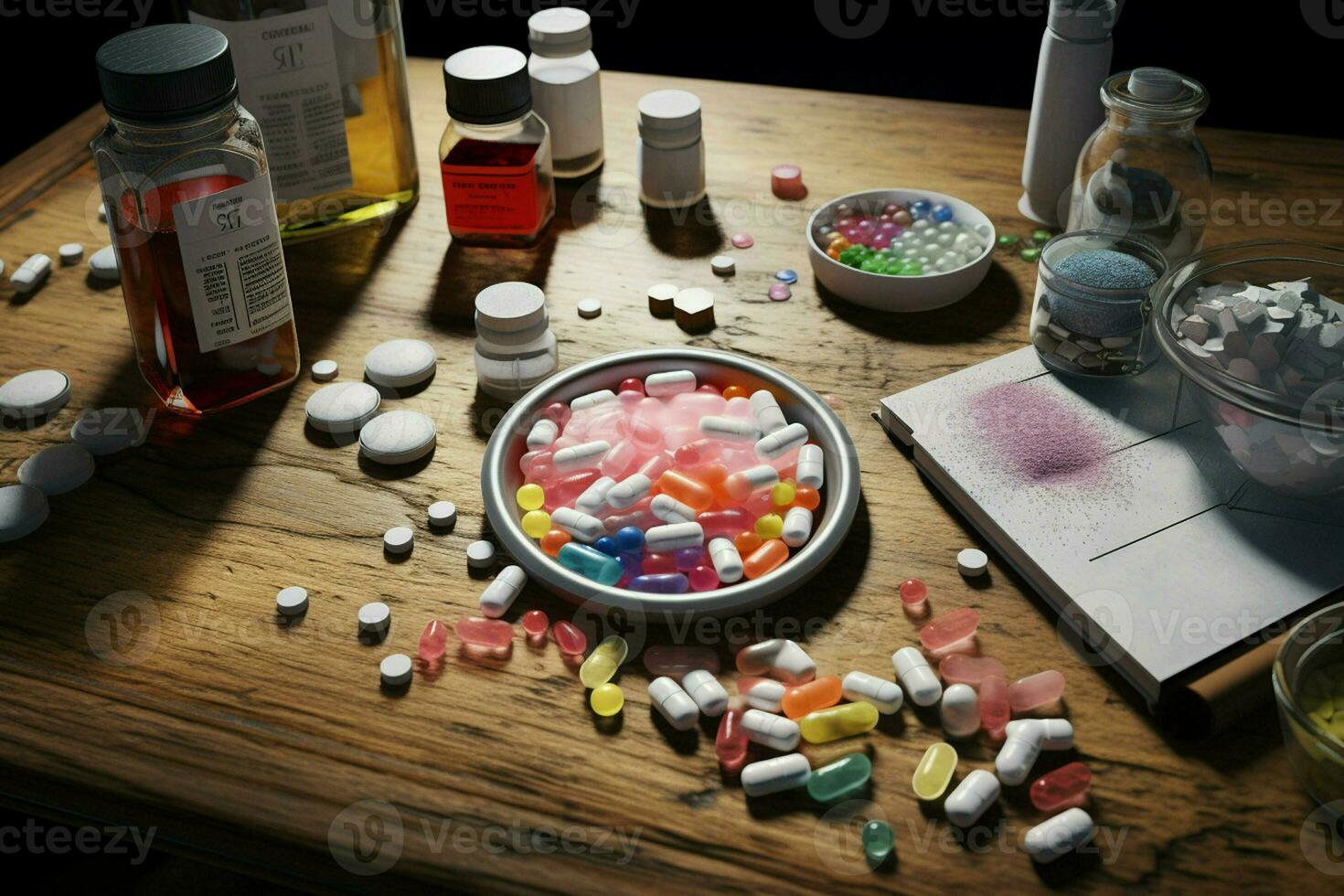 Pharmaceutical medicine pills and capsules on wooden table in dark room. ai generated pro photo
