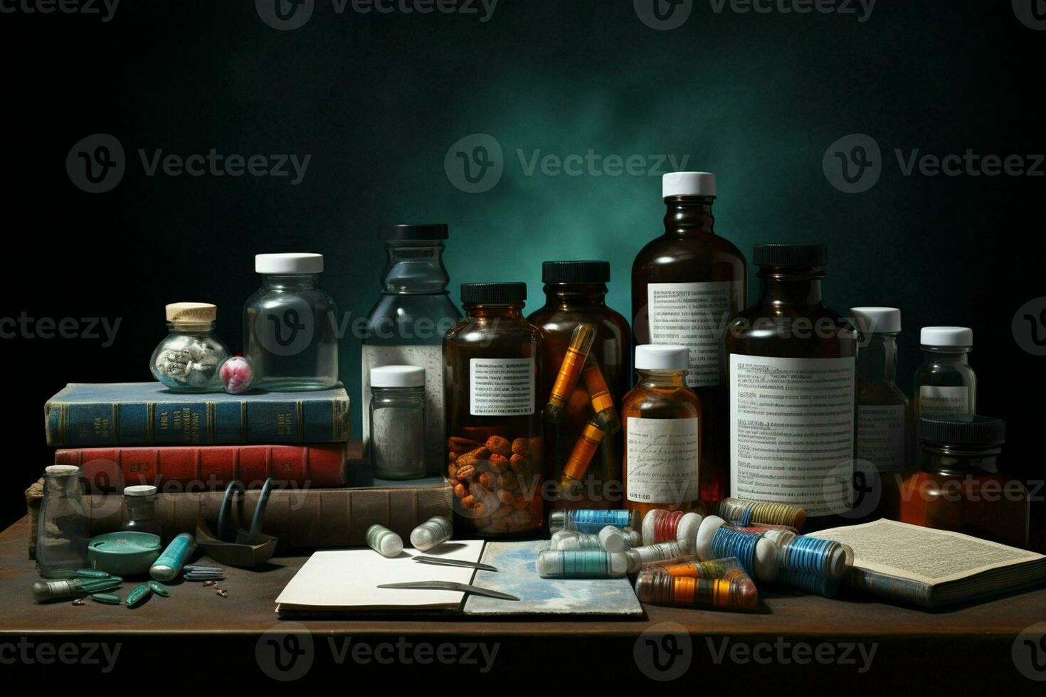 Pharmaceutical medicine pills and capsules on wooden table in dark room. ai generated pro photo