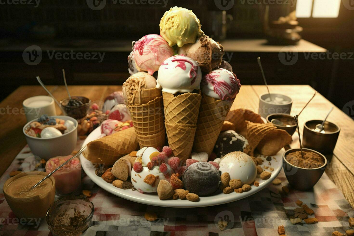 Variety of colorful ice cream in waffle cones, closeup. ai generated pro photo