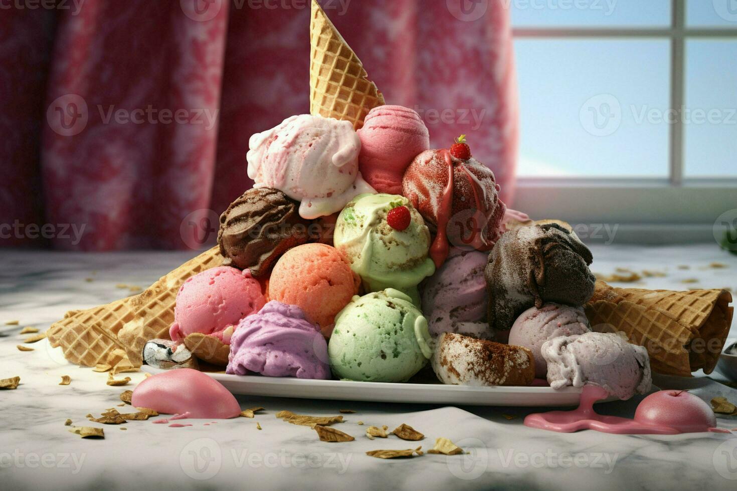 Variety of colorful ice cream in waffle cones, closeup. ai generated pro photo