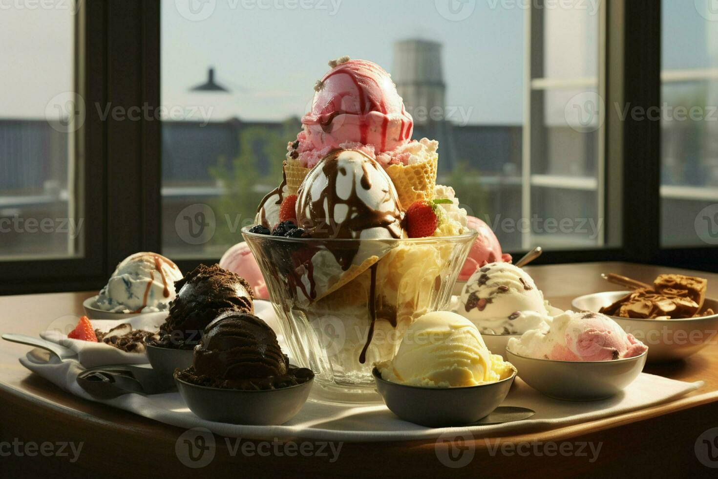 Variety of colorful ice cream in waffle cones, closeup. ai generated pro photo