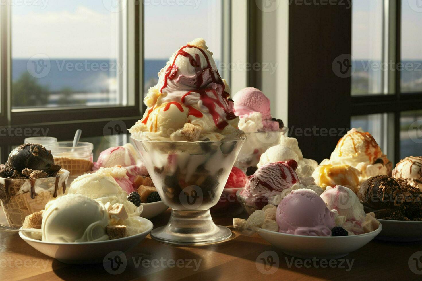 Variety of colorful ice cream in waffle cones, closeup. ai generated pro photo