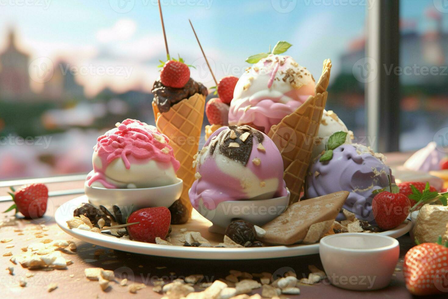 Variety of colorful ice cream in waffle cones, closeup. ai generated pro photo