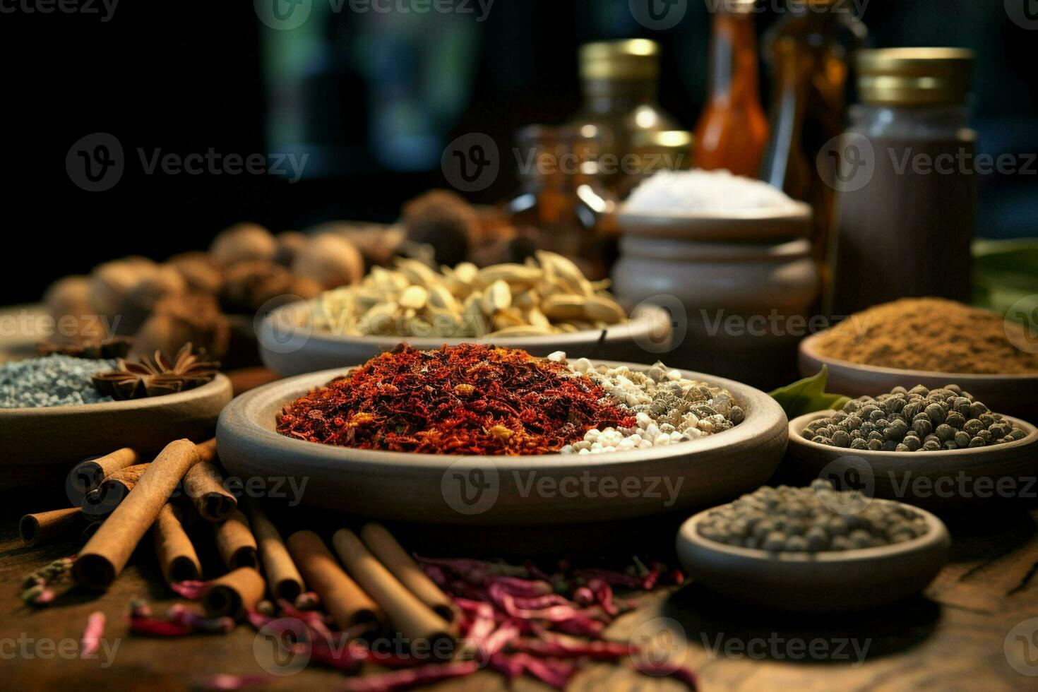 especias y hierbas en el mesa en composición con cocina accesorios. ai generado Pro foto