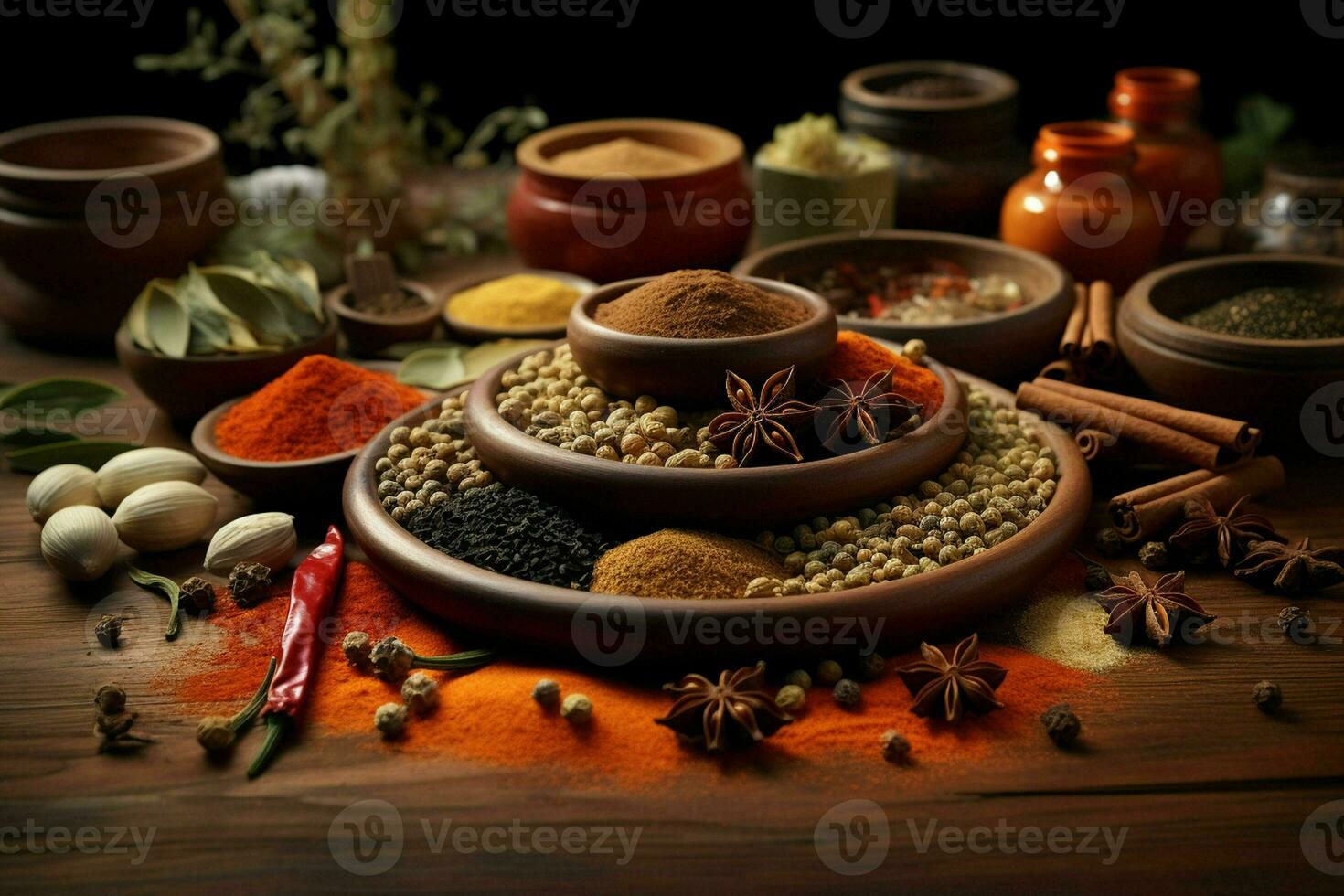 Spices and herbs on the table in composition with kitchen accessories. ai generated pro photo