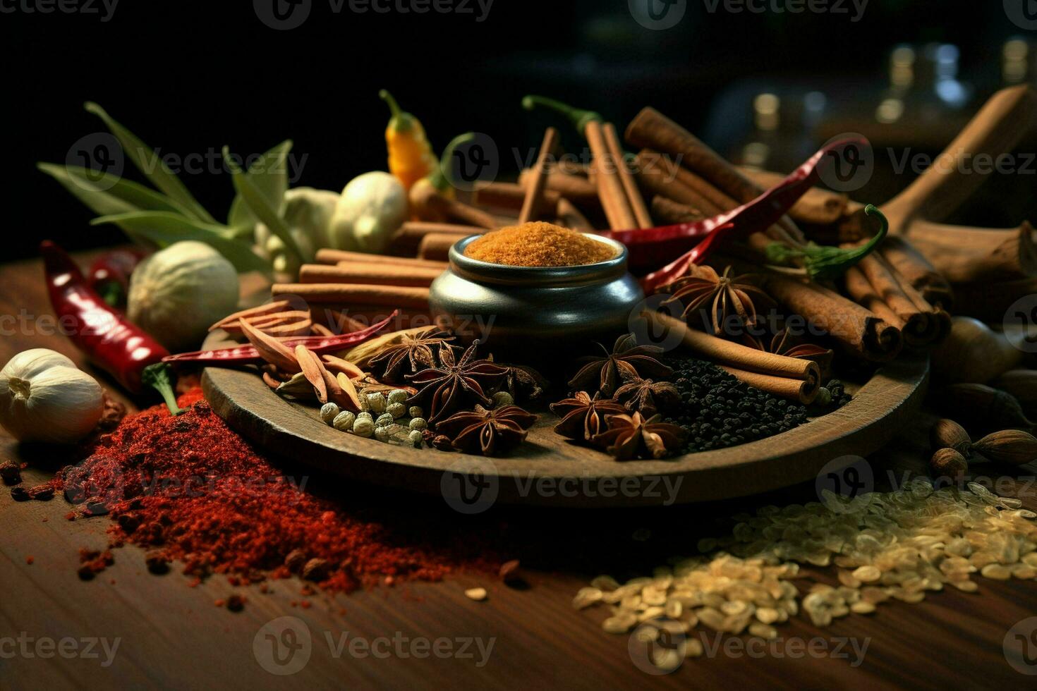 Spices and herbs on the table in composition with kitchen accessories. ai generated pro photo
