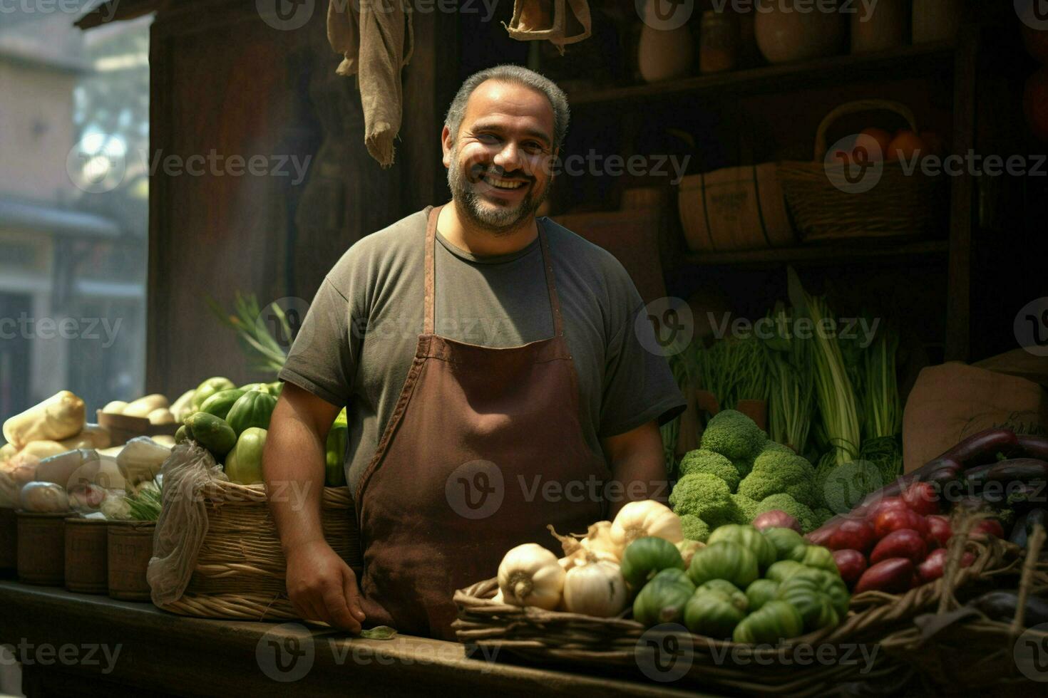 retrato de un sonriente hombre de venta vegetales a un tienda de comestibles almacenar. ai generado Pro foto