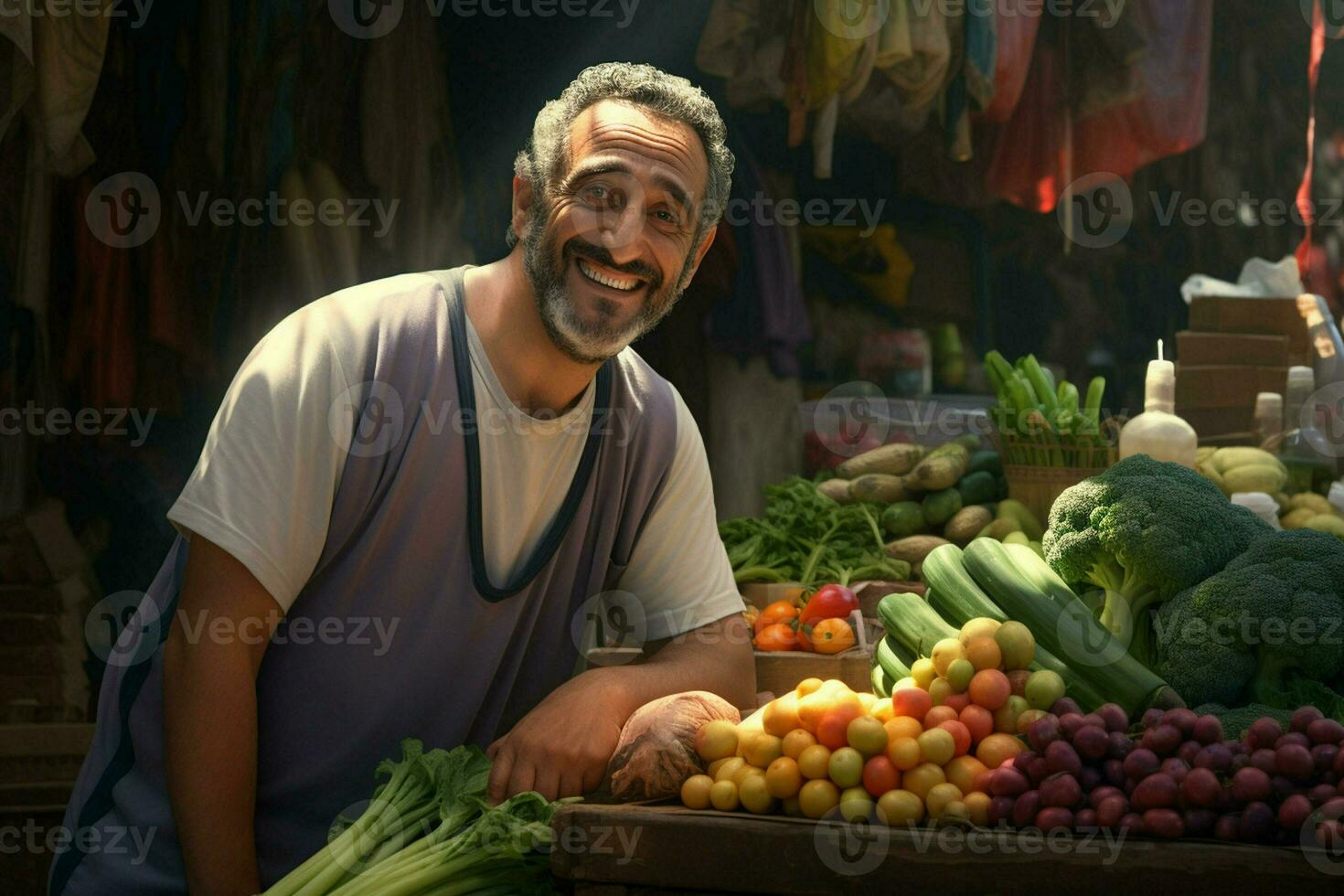 Portrait of a smiling man selling vegetables at a grocery store. ai generated pro photo