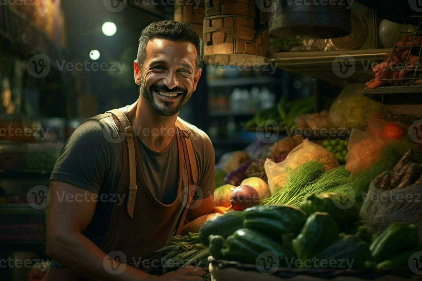 Portrait of a smiling man selling vegetables at a grocery store. ai generated pro photo