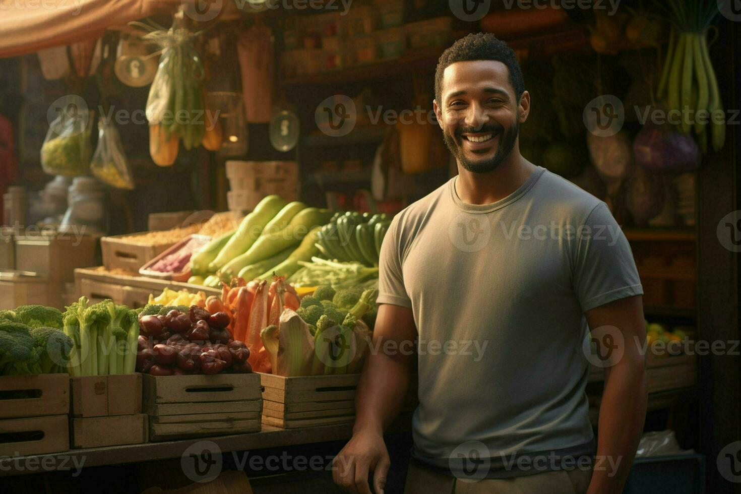 Portrait of a smiling man selling vegetables at a grocery store. ai generated pro photo