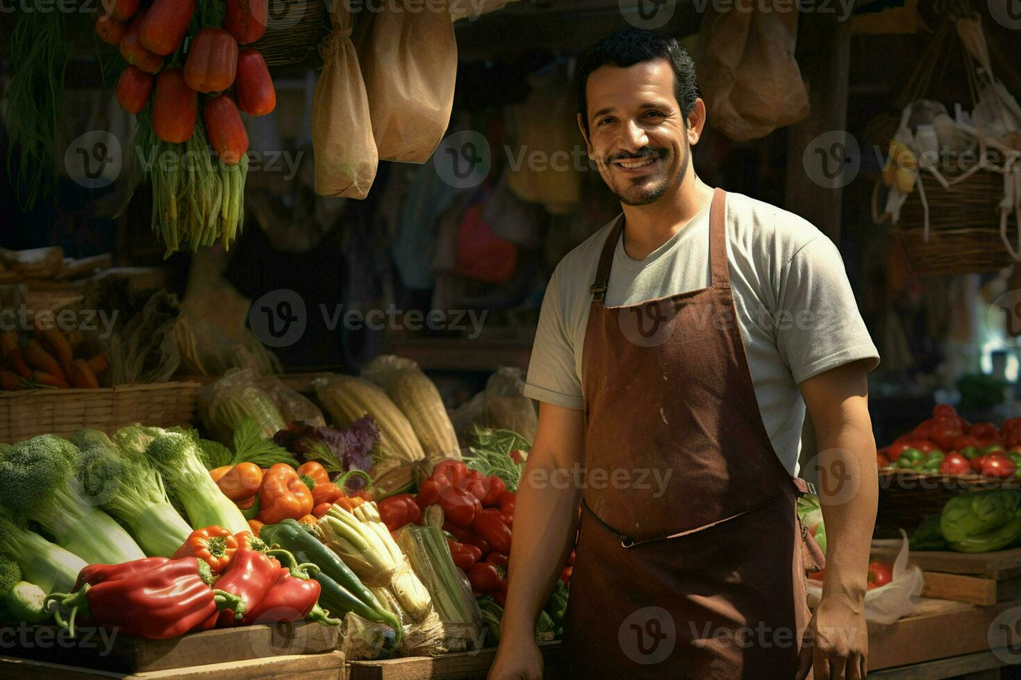 Portrait of a smiling man selling vegetables at a grocery store. ai generated pro photo