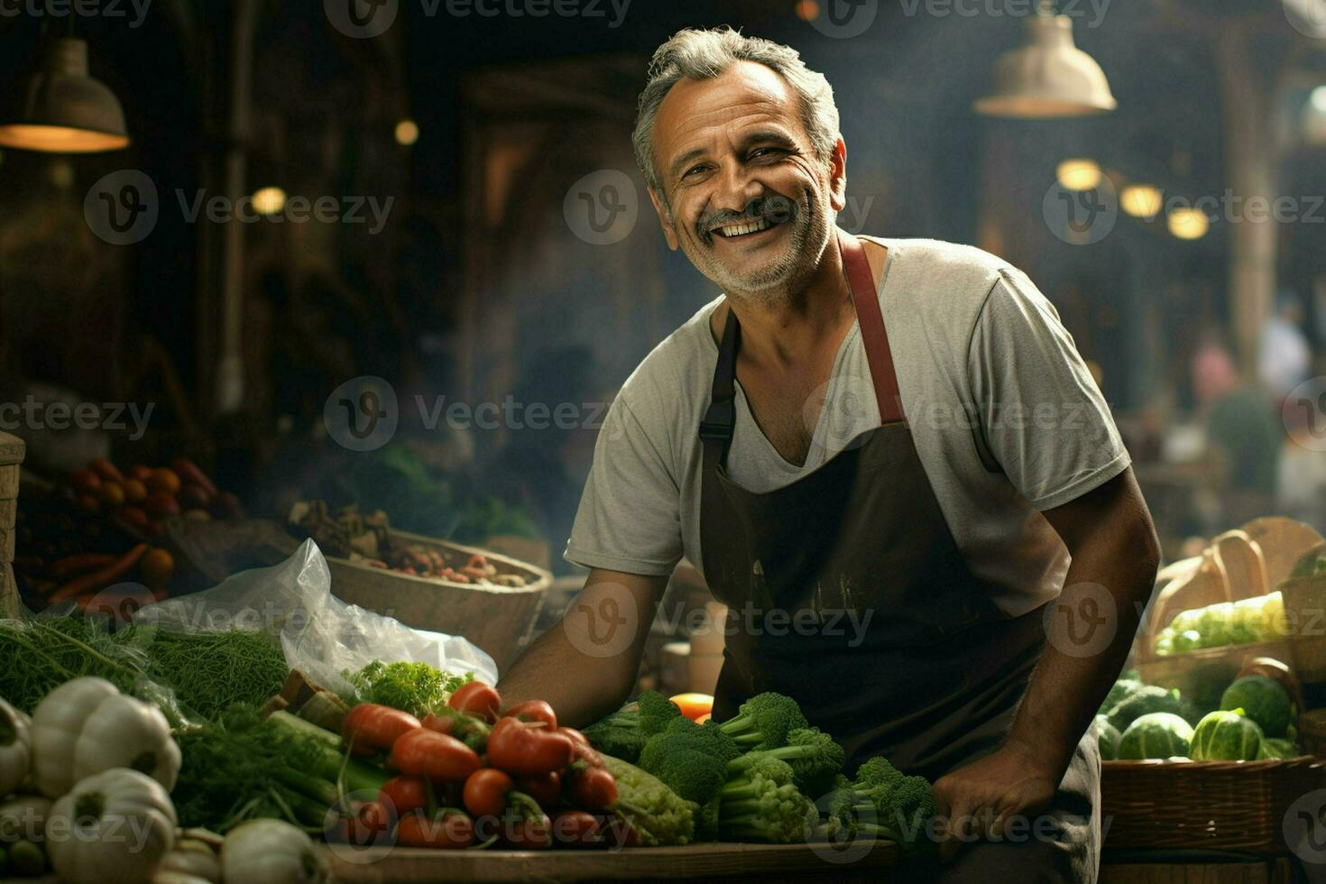 retrato de un sonriente hombre de venta vegetales a un tienda de comestibles almacenar. ai generado Pro foto