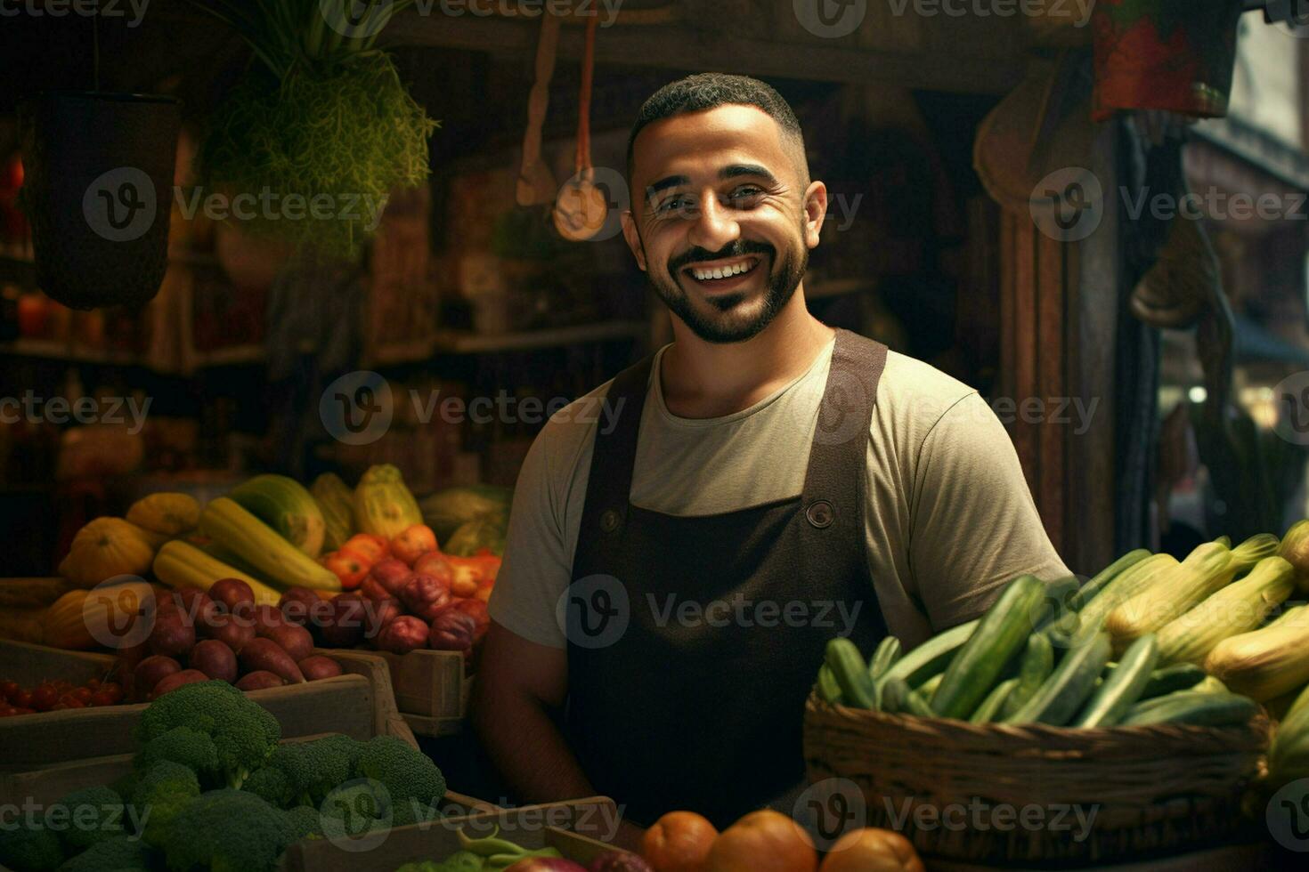 Portrait of a smiling man selling vegetables at a grocery store. ai generated pro photo