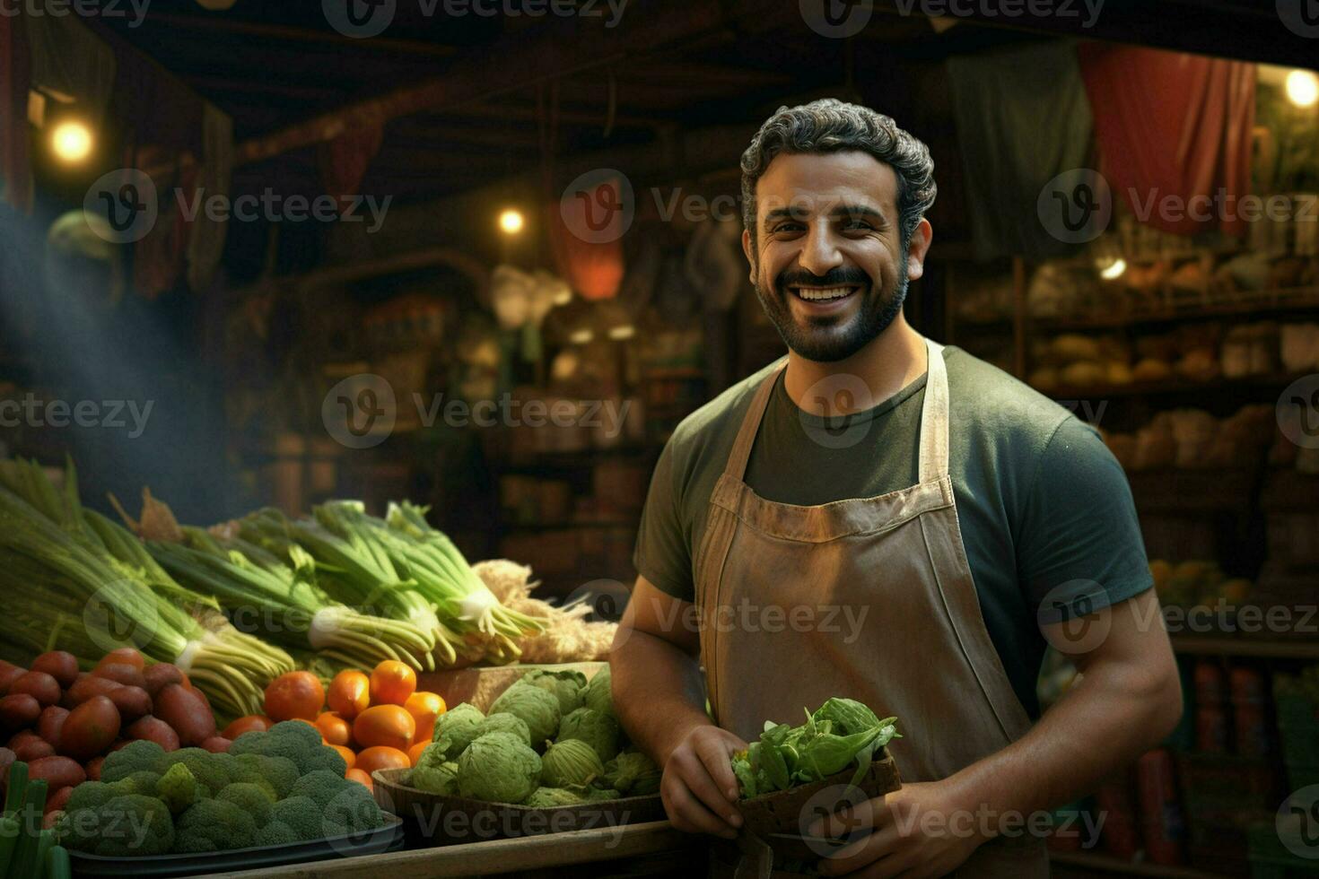 Portrait of a smiling man selling vegetables at a grocery store. ai generated pro photo