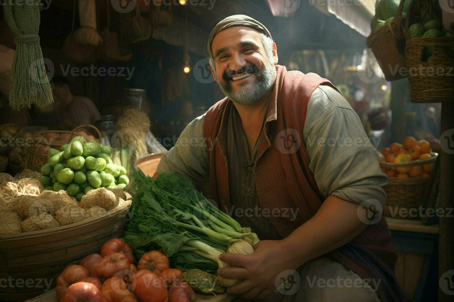 retrato de un sonriente hombre de venta vegetales a un tienda de comestibles almacenar. ai generado Pro foto