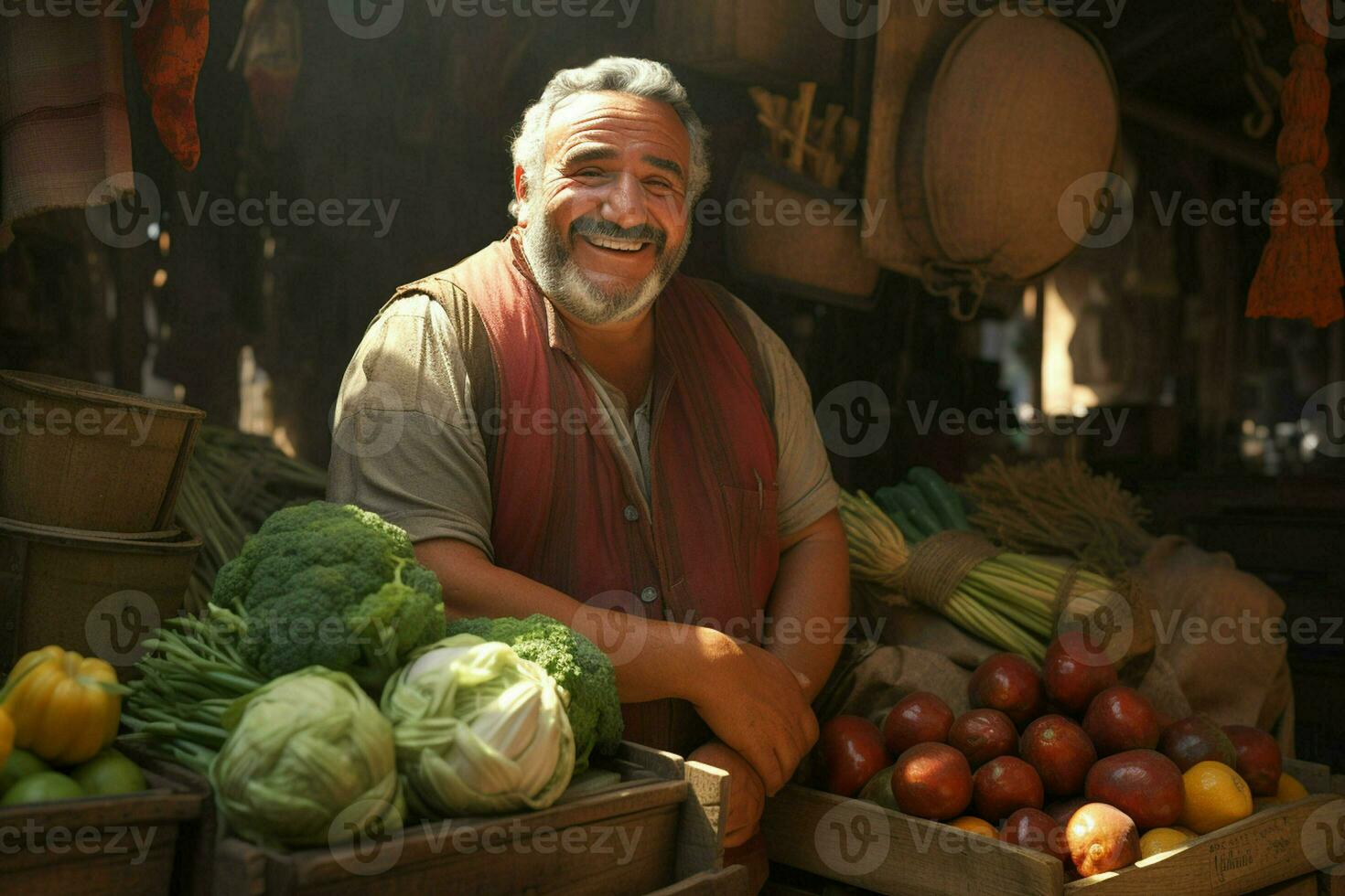 retrato de un sonriente hombre de venta vegetales a un tienda de comestibles almacenar. ai generado Pro foto