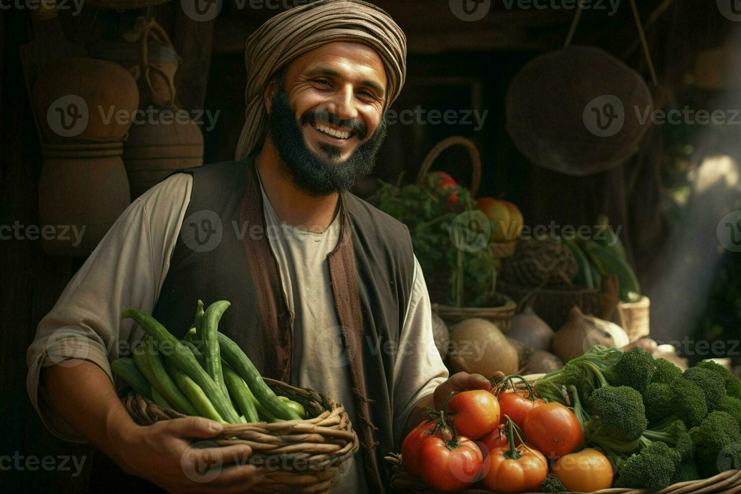 Portrait of a smiling man selling vegetables at a grocery store. ai generated pro photo