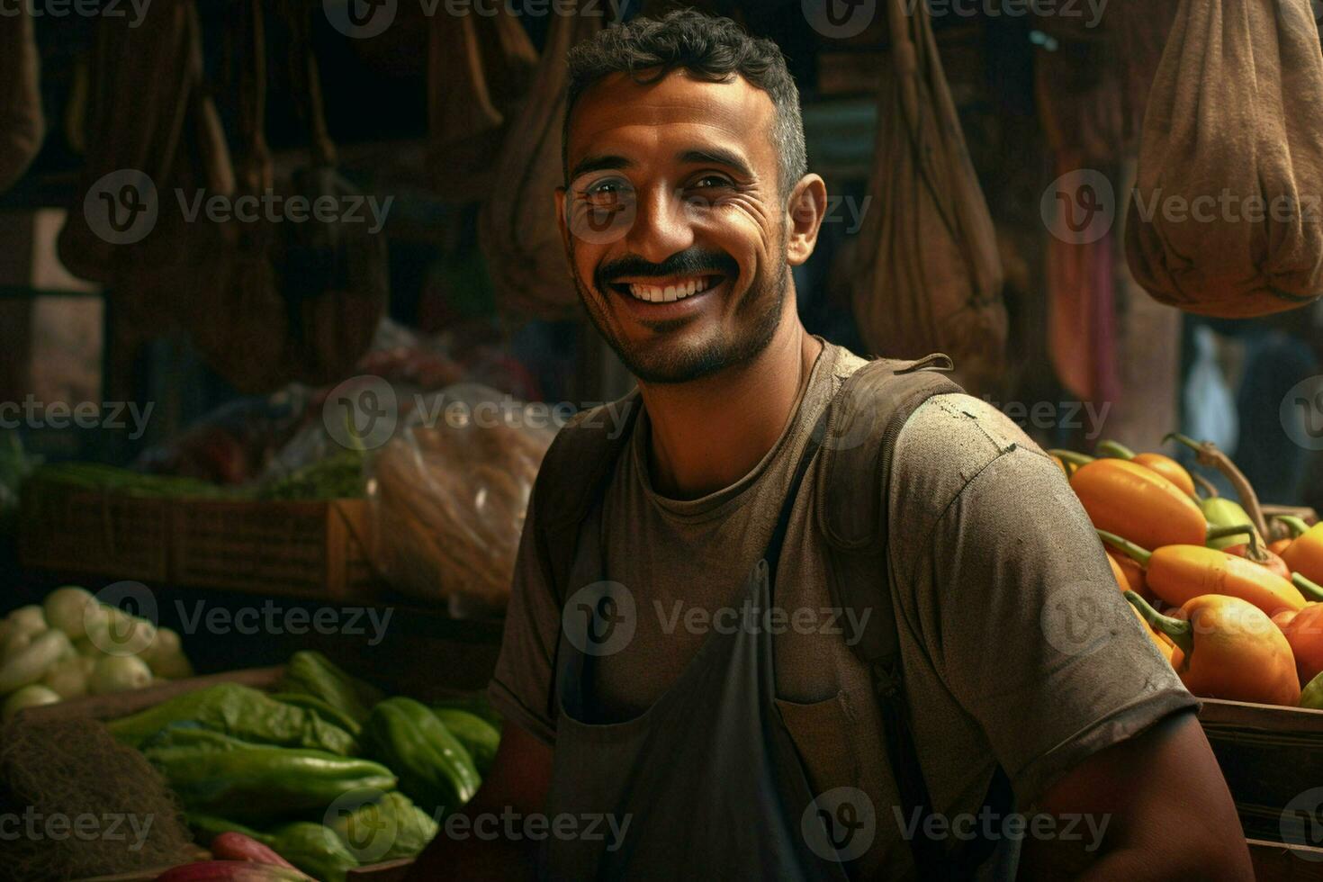 Portrait of a smiling man selling vegetables at a grocery store. ai generated pro photo