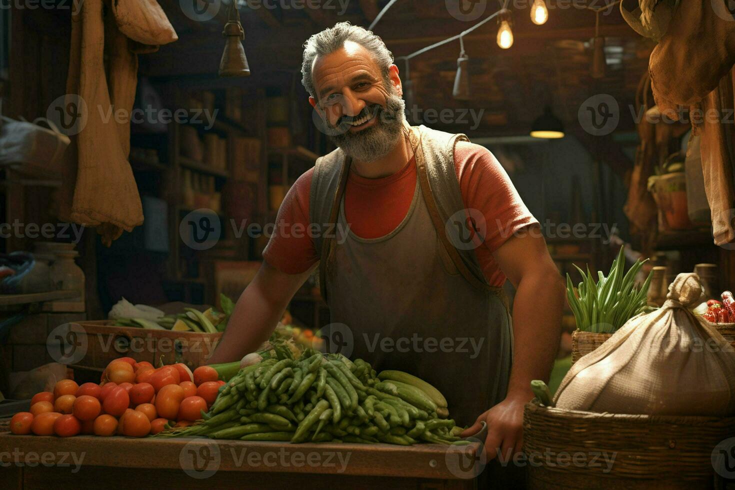 Portrait of a smiling man selling vegetables at a grocery store. ai generated pro photo