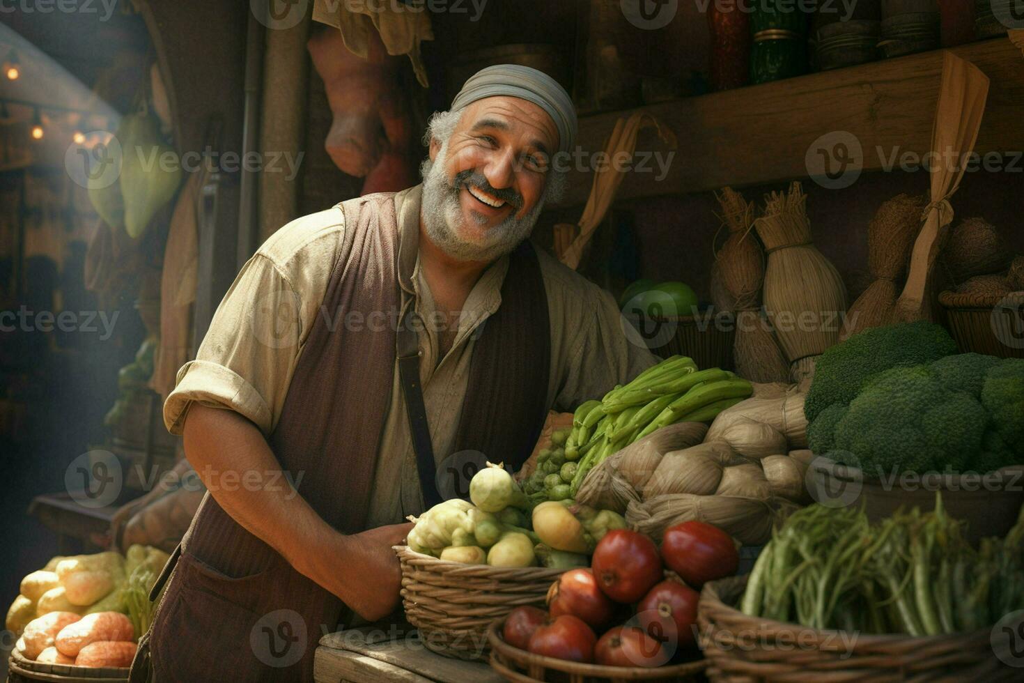 retrato de un sonriente hombre de venta vegetales a un tienda de comestibles almacenar. ai generado Pro foto