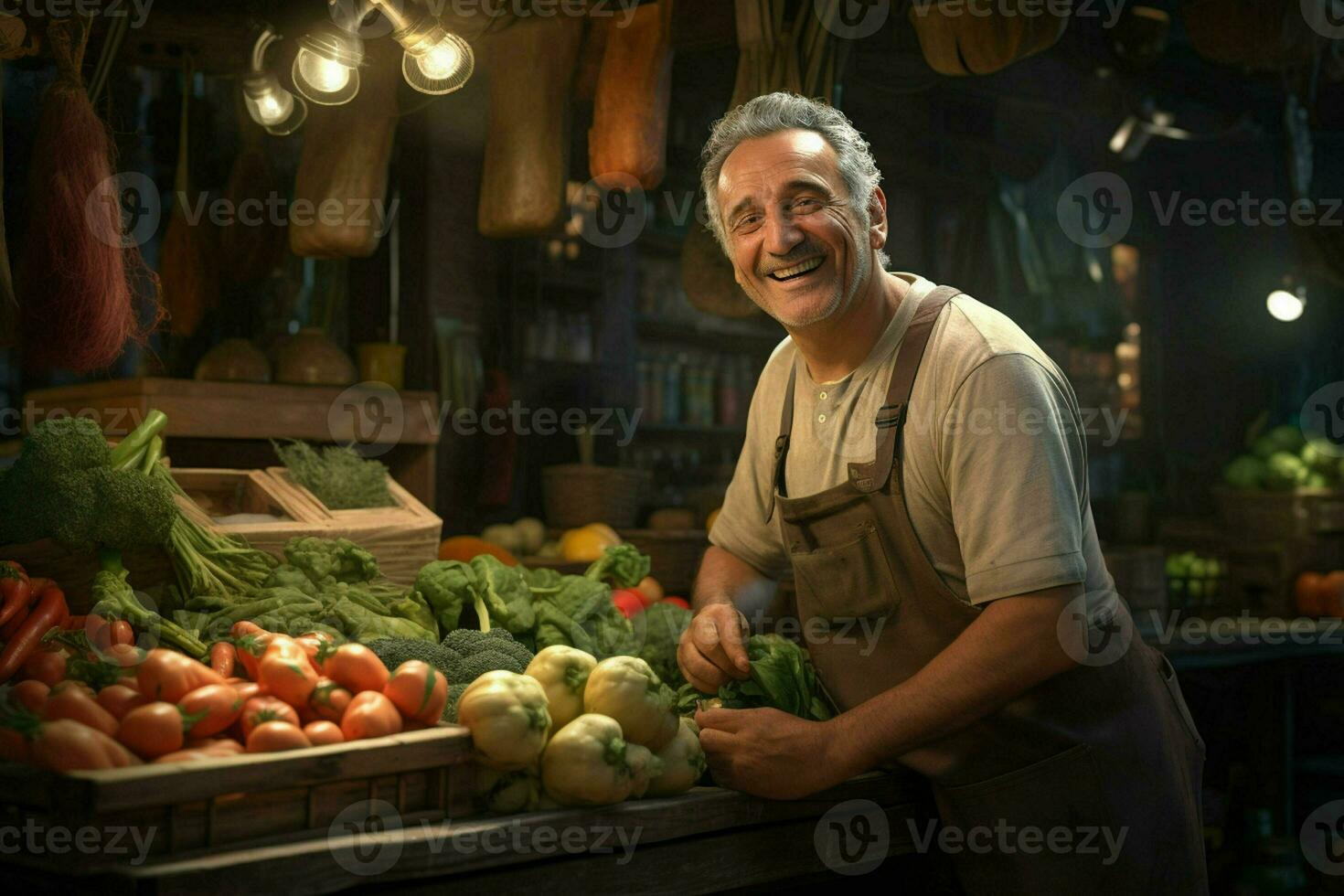 Portrait of a smiling man selling vegetables at a grocery store. ai generated pro photo