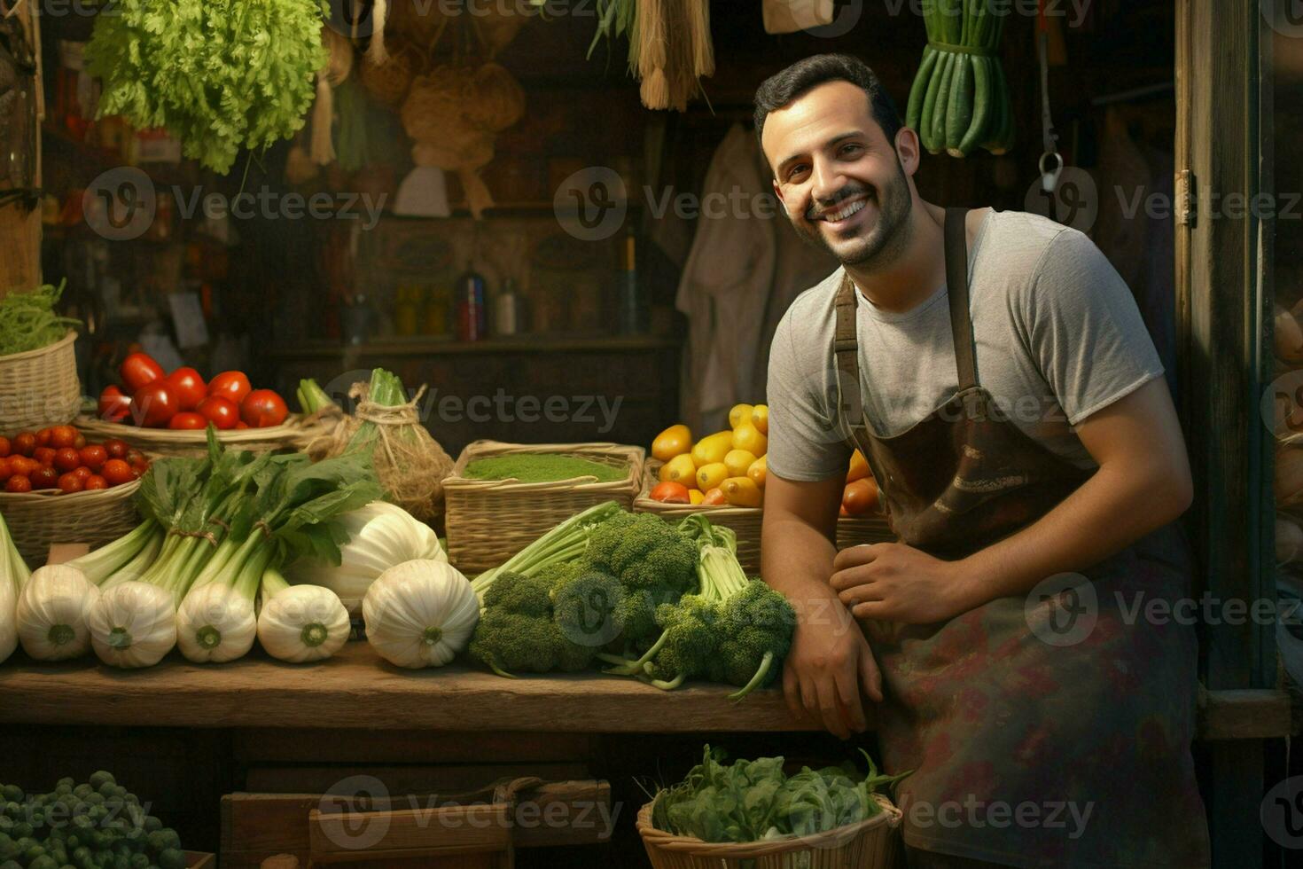 retrato de un sonriente hombre de venta vegetales a un tienda de comestibles almacenar. ai generado Pro foto