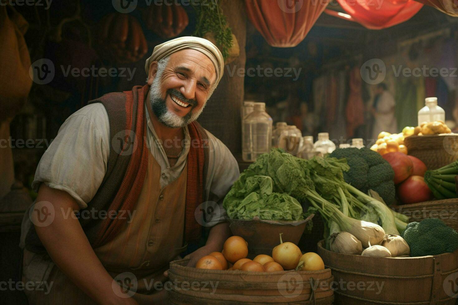 Portrait of a smiling man selling vegetables at a grocery store. ai generated pro photo