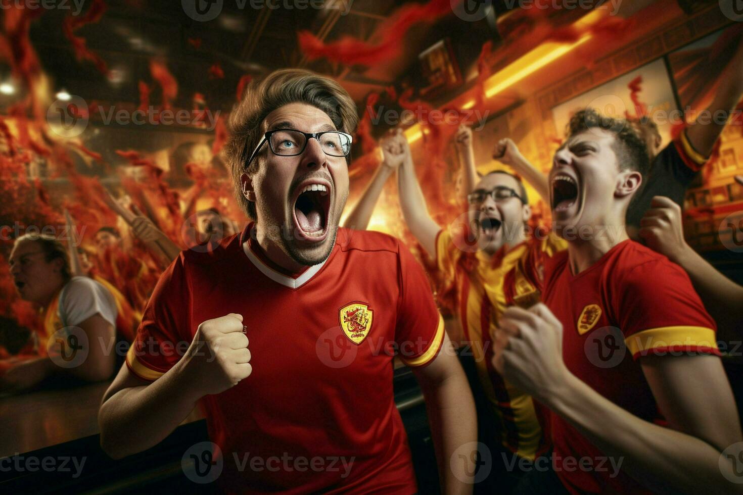 Excited Belgium football fans cheering for their team during a game at stadium. ai generated pro photo