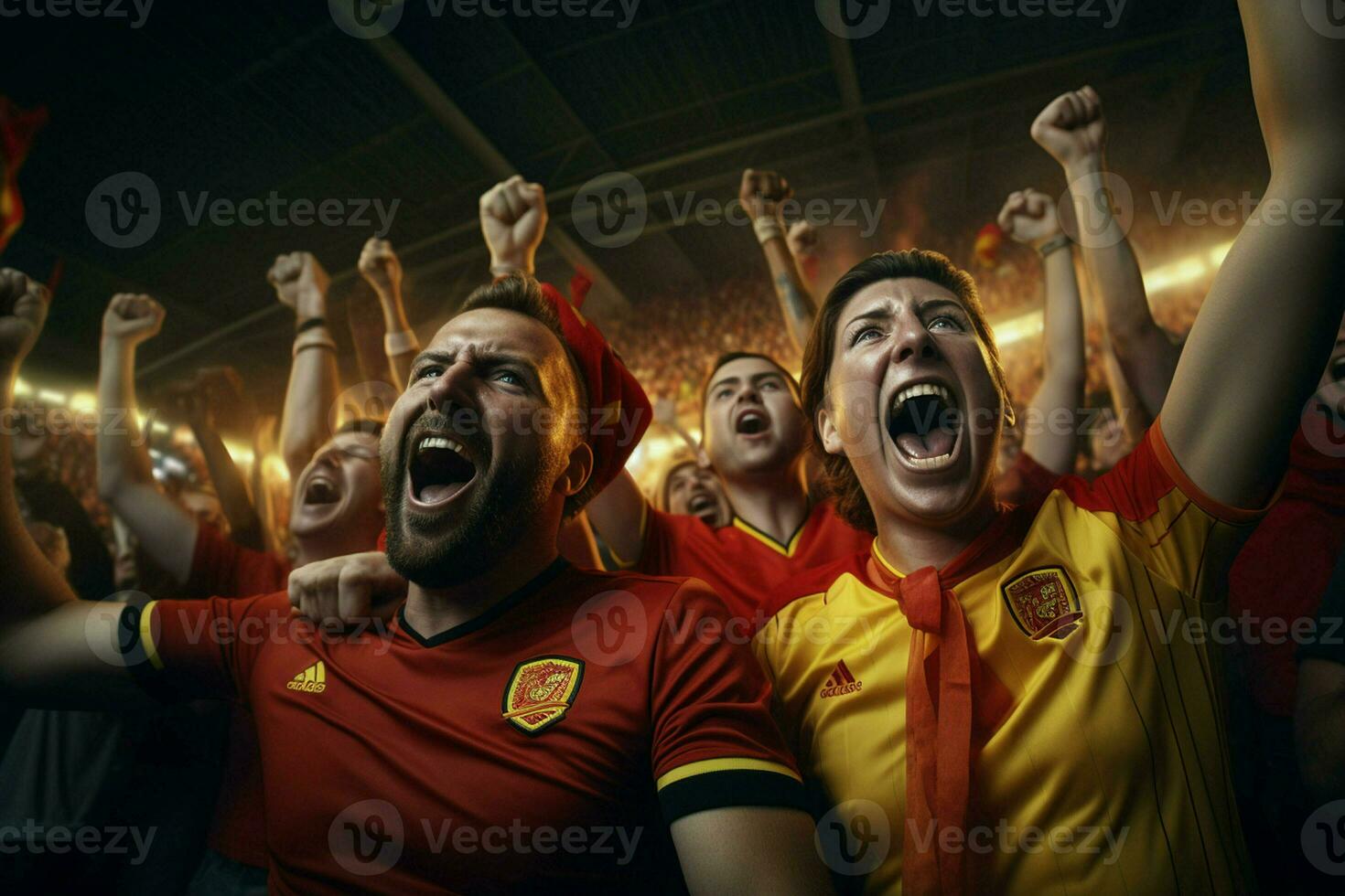 Excited Belgium football fans cheering for their team during a game at stadium. ai generated pro photo
