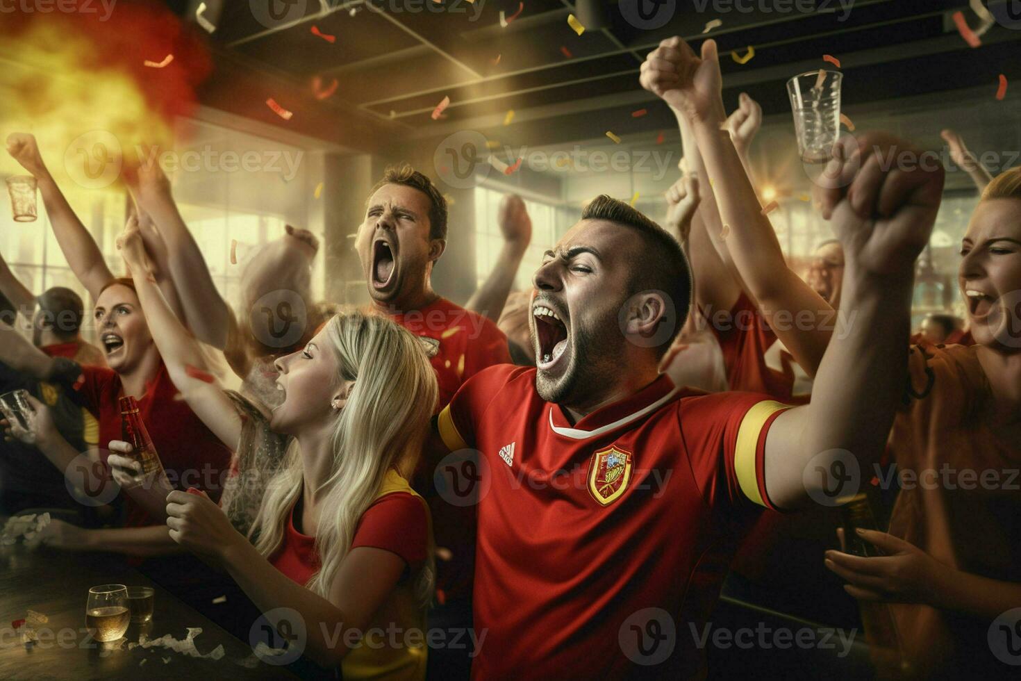 Excited Belgium football fans cheering for their team during a game at stadium. ai generated pro photo