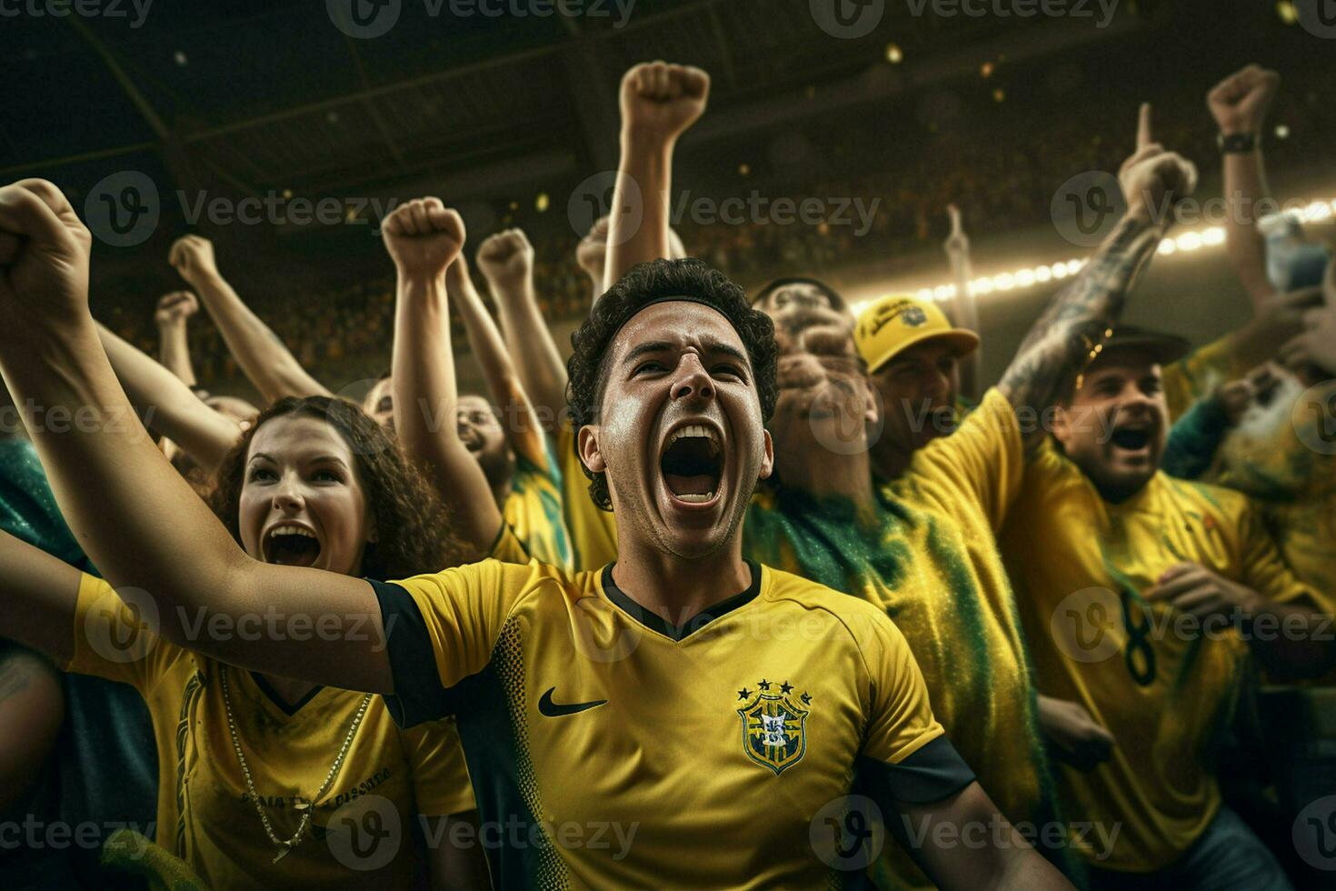 emocionado Brasil fútbol americano aficionados aplausos para su equipo durante un juego a estadio. ai generado Pro foto