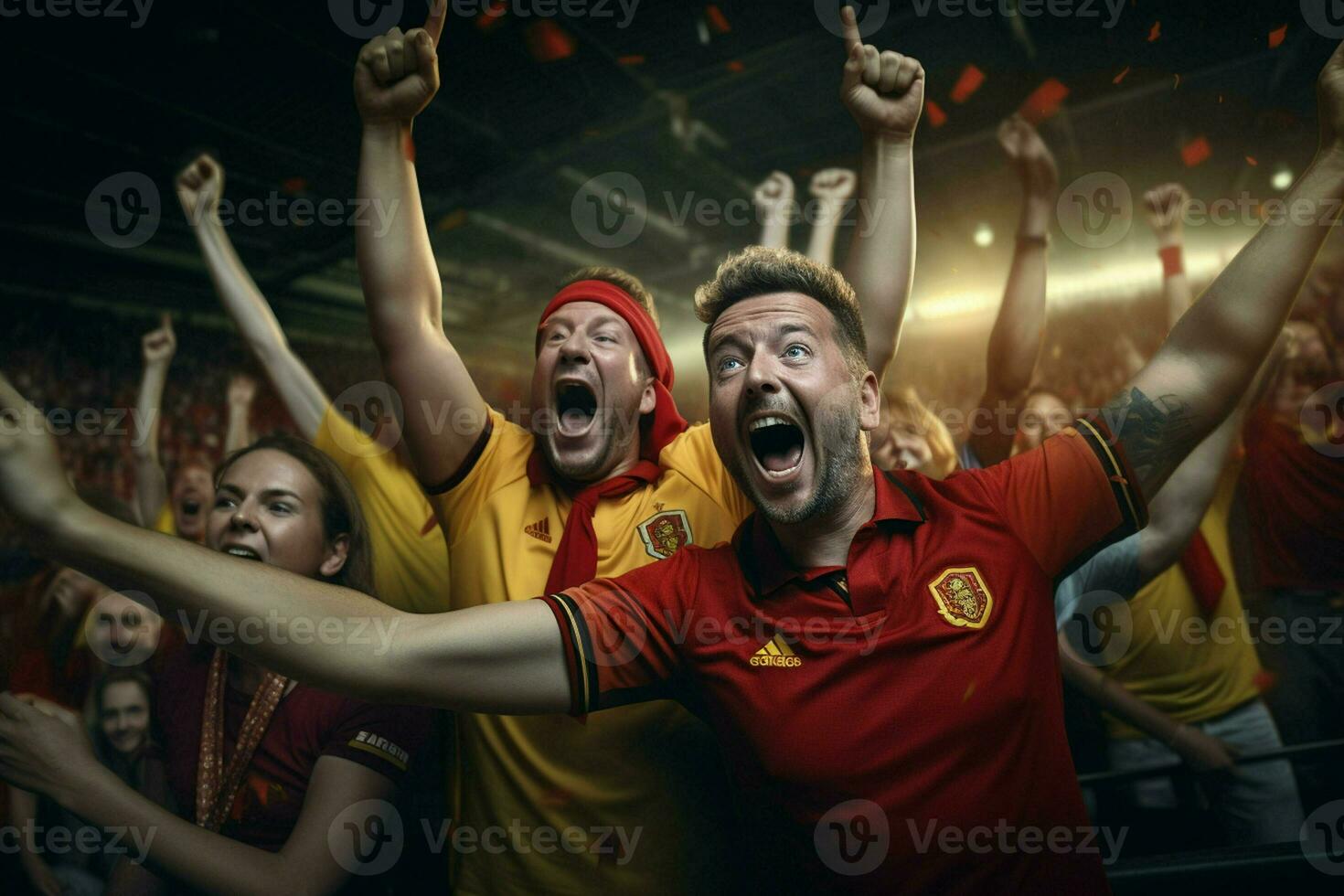 Excited Belgium football fans cheering for their team during a game at stadium. ai generated pro photo