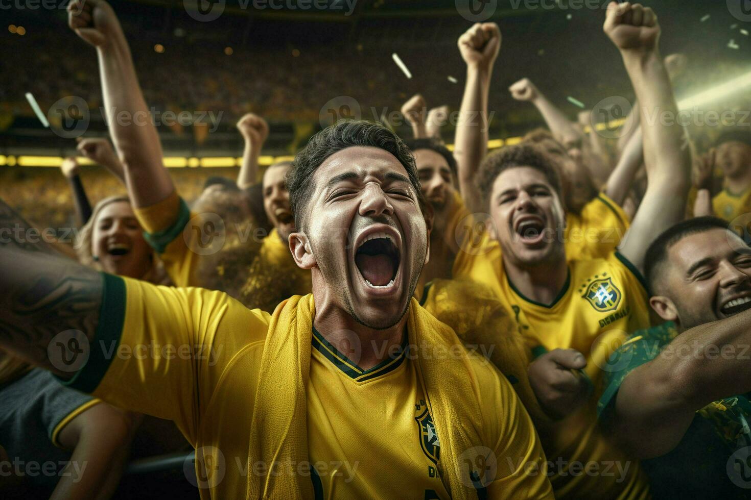 emocionado Brasil fútbol americano aficionados aplausos para su equipo durante un juego a estadio. ai generado Pro foto